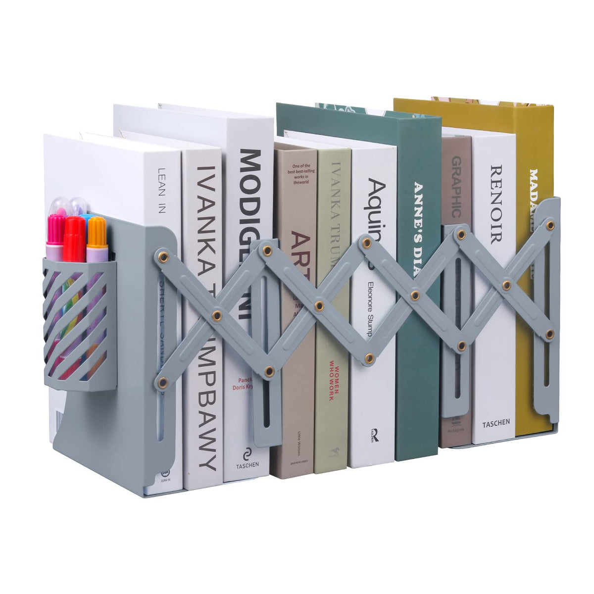MSDADA Adjustable Bookends, Book Ends for Heavy Books, Expandable Book Organizer with Pen Holder for Desk, Shelf, Office,School, Thanksgiving for Students and Teachers(Green)