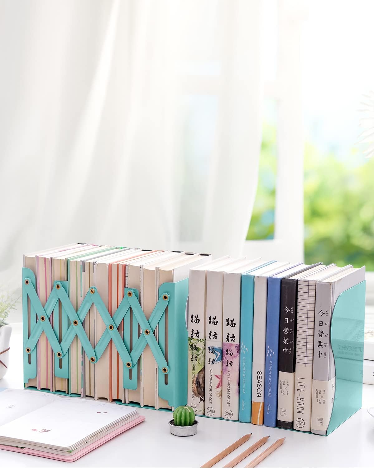 MSDADA Adjustable Bookends, Book Ends for Heavy Books, Expandable Book Organizer for Desk, Shelf, Office, School, for 6 7 8 9 10 11-15 Boys and Girls, Extends up to 19 inches (Light Green)