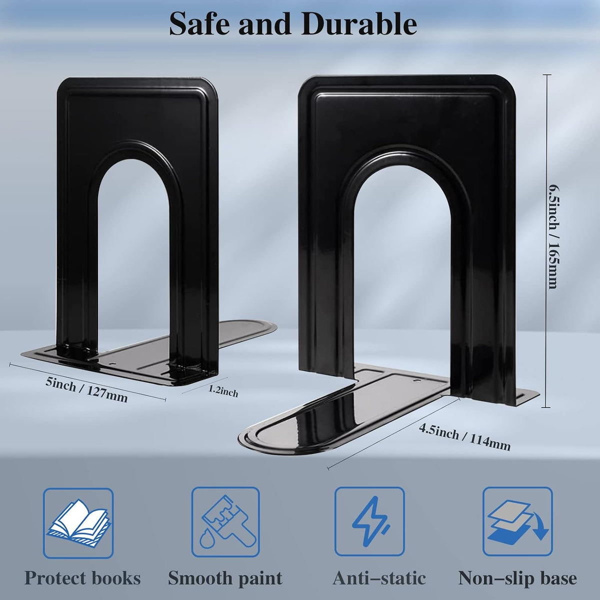 30 Pcs Metal Book Ends for Shelves, Heavy Duty Bookends for Office Home Kitchen Decorative, Nonskid Book Ends to Hold Heavy Books Black 6.5 x 5 x 5.7 in, 15 Pairs