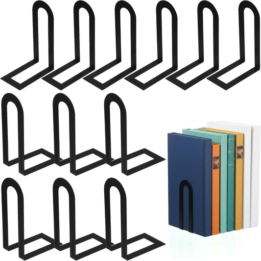 12 Pcs Black Book Ends, Heavy Duty Metal Book Ends for Shelves