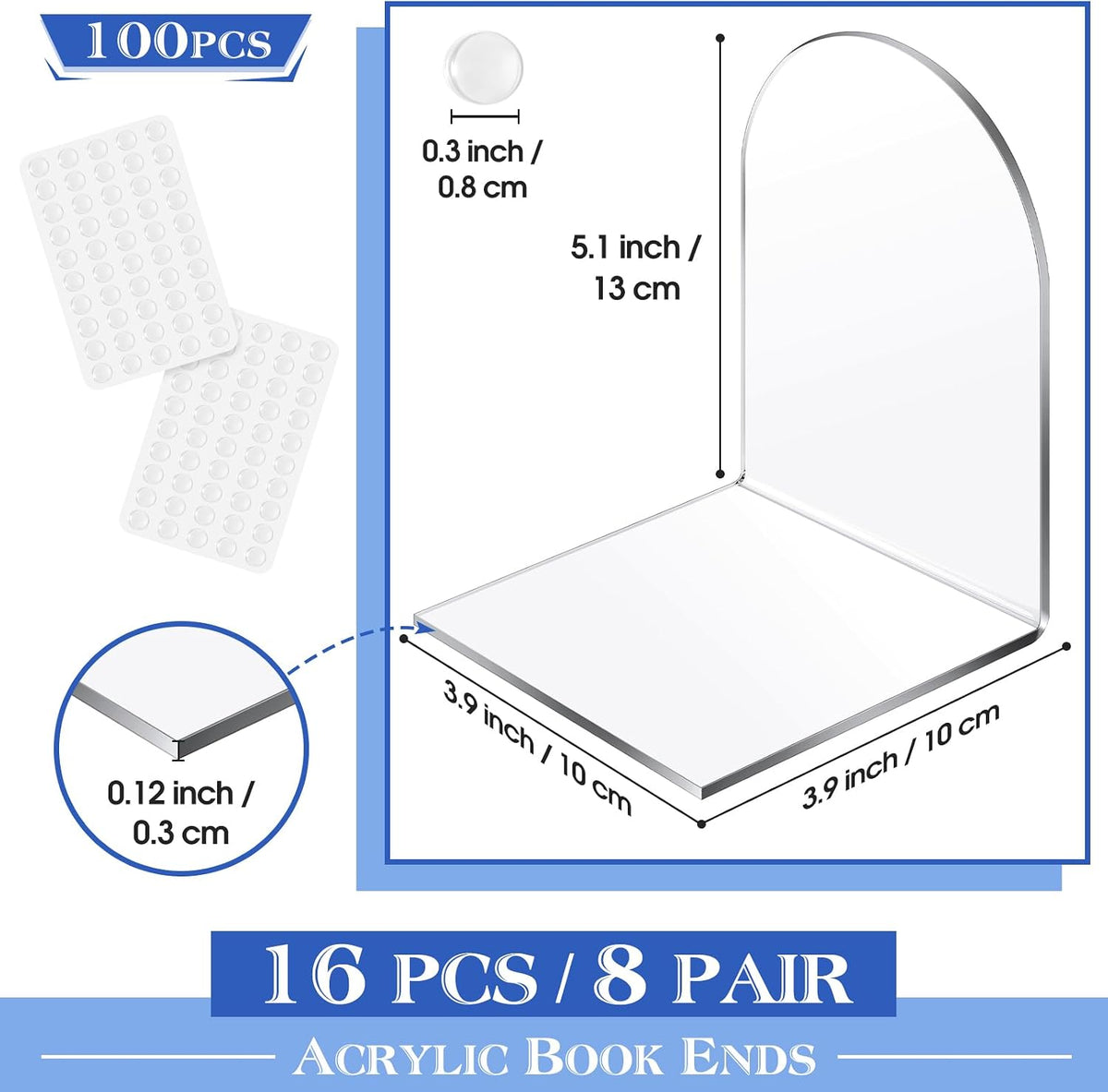 Leinuosen 16 Pcs Acrylic Clear Book Ends with Silicone Pad Non Skid Book Holders Arch Shape Heavy Duty Bookends Stoppers for Movies, CDs, Video Games (Clear)