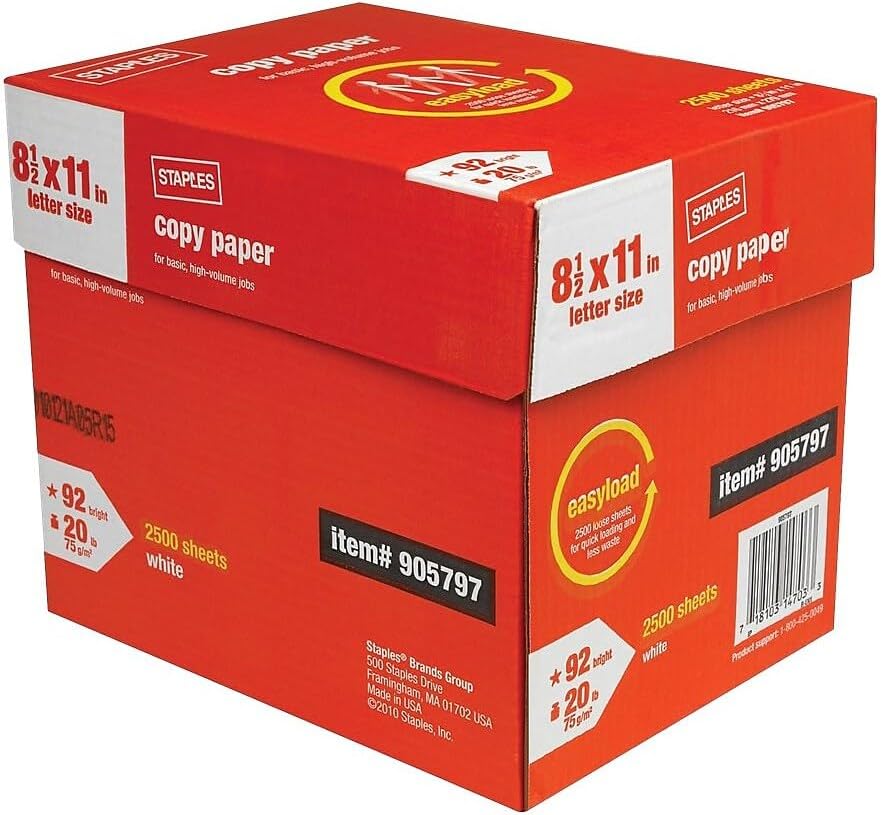 Staples Multiuse Copy Paper, 20 lb, 92 Bright, 8.5x11 In, 2500/Ctn