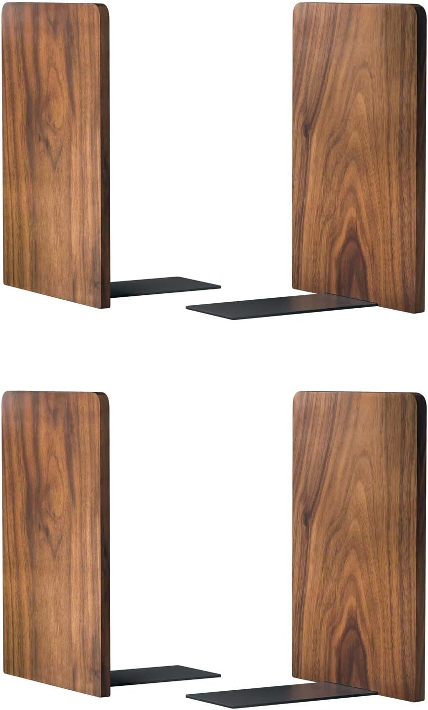 Large Bookend Hold Heavy Books-7x4x5in 2 Pack Non-Skid Wood Bookends Walnut