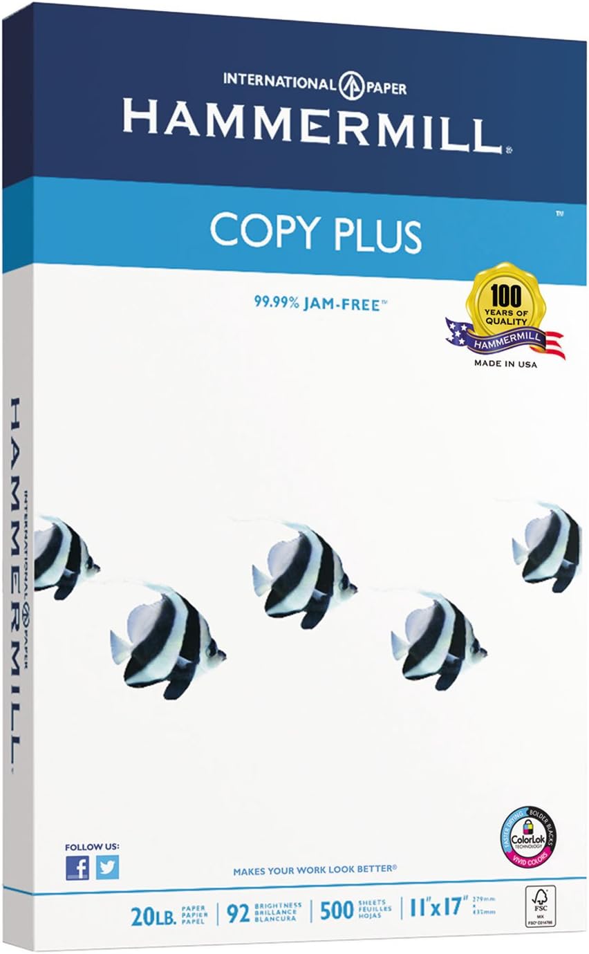 Hammermill 105023 Copy Plus Copy Paper, 92 Brightness, 20lb, 11 x 17, White, 500 Sheets/Ream