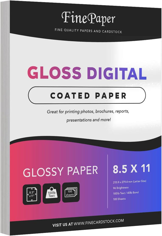 Double-Sided Gloss Digital C2S Paper – Perfect for Color Laser Printing, Design Proposals, Flyers, Brochures | 8.5 x 11 | 100lb Text (40lb Bond) | 96 Bright | Acid Free, Glossy Coated | 100 Sheets