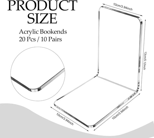 20 Pcs Clear Acrylic Book Ends Heavy Duty Bookends L Shaped Dividers Book Stopper for Home School Library Shelves File Movies CDs
