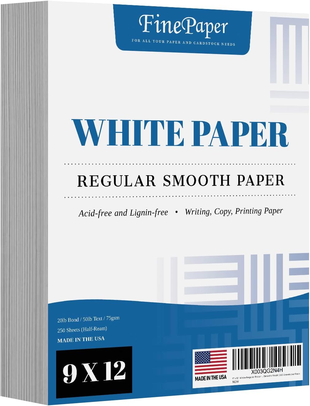 9" x 12" White Regular Paper – Multipurpose Office Paper for Copy, Printing and Writing | Inkjet and Laser Printer Compatible | 24lb Bond / 60lb Text / 90gsm – Smooth Finish | 250 Sheets per Pack