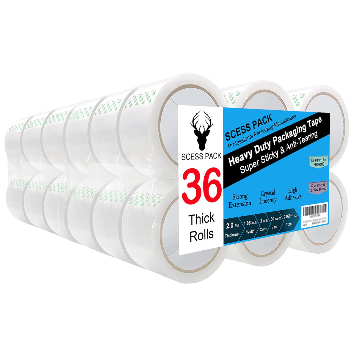 Clear Packing Tape 36 Rolls, Packing Tape Refills for Shipping Packaging Moving Sealing,1.88 Inch x 60 yd Per Roll,Total 2160 Yards (36 Rolls)