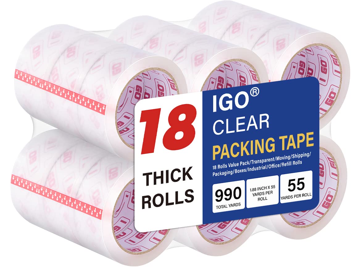 I GO Clear Packing Tape Refills, 1.88" x54.68 yd, 2.64 mils Thick, 18 Rolls
