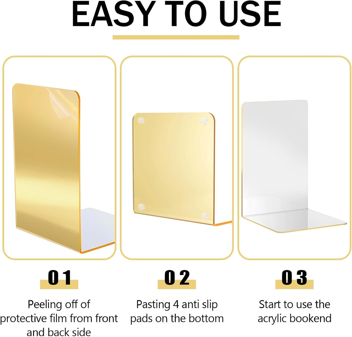 Feifeiya 24 Pcs Acrylic Bookends Gold Book Ends for Shelves, Gold Organizer with Silicone Non-Slip Mats, Book Holder Stand Decorative, Stoppers for Heavy Duty Books, Cd, File, Video Games