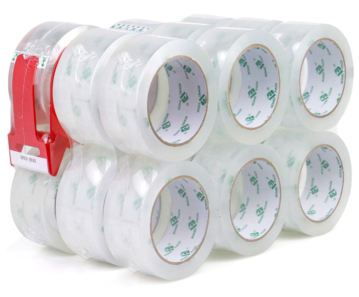 BOMEI PACK 12 Rolls Clear Packing Tape Rolls with Free Dispenser, Heavy Duty Refill Tape for Shipping Moving and Packaging, 2.4Mil 1.88 Inch x 60 Yard