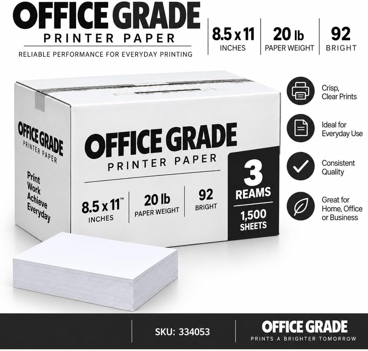 Printer Paper Office Grade 8.5 x 11 | 20 lb Copy Paper | 92 Bright | 3 Reams | 1,500 Sheets