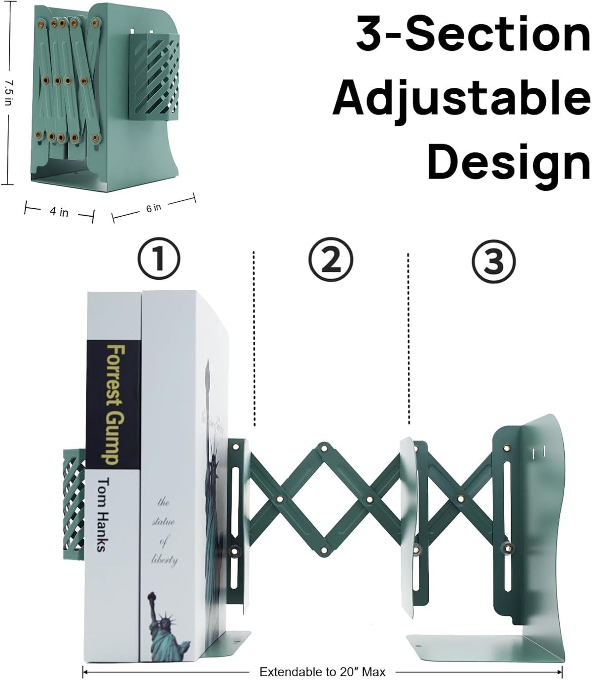 Adjustable Book Ends for Heavy Books, Metal Expandable Bookends for Shelves, Book Organizer Stopper Holder for Desk, Kids Room, Classroom, Office, Library (Green)