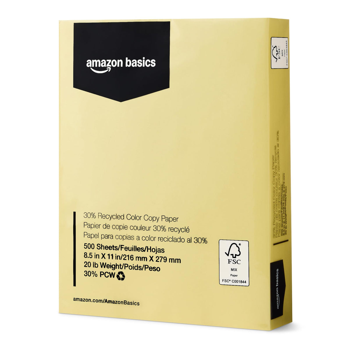 Amazon Basics 30% Recycled Color Copy Paper, 8.5" x 11", 20lb, Pastel Canary, 500 Sheets (Pack of 2)