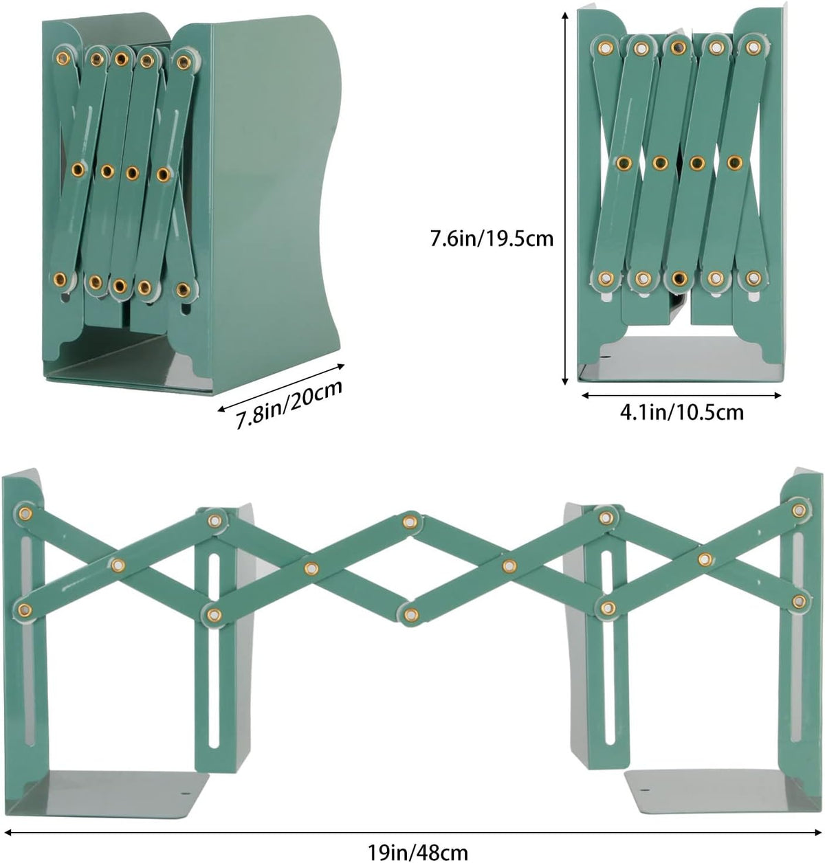Adjustable Metal Bookends Heavy Duty for Shelves, 2 Dividers, Anti-Slip Design Expandable Book Ends for Desk, Office(Dark Green, 19 inches Max)