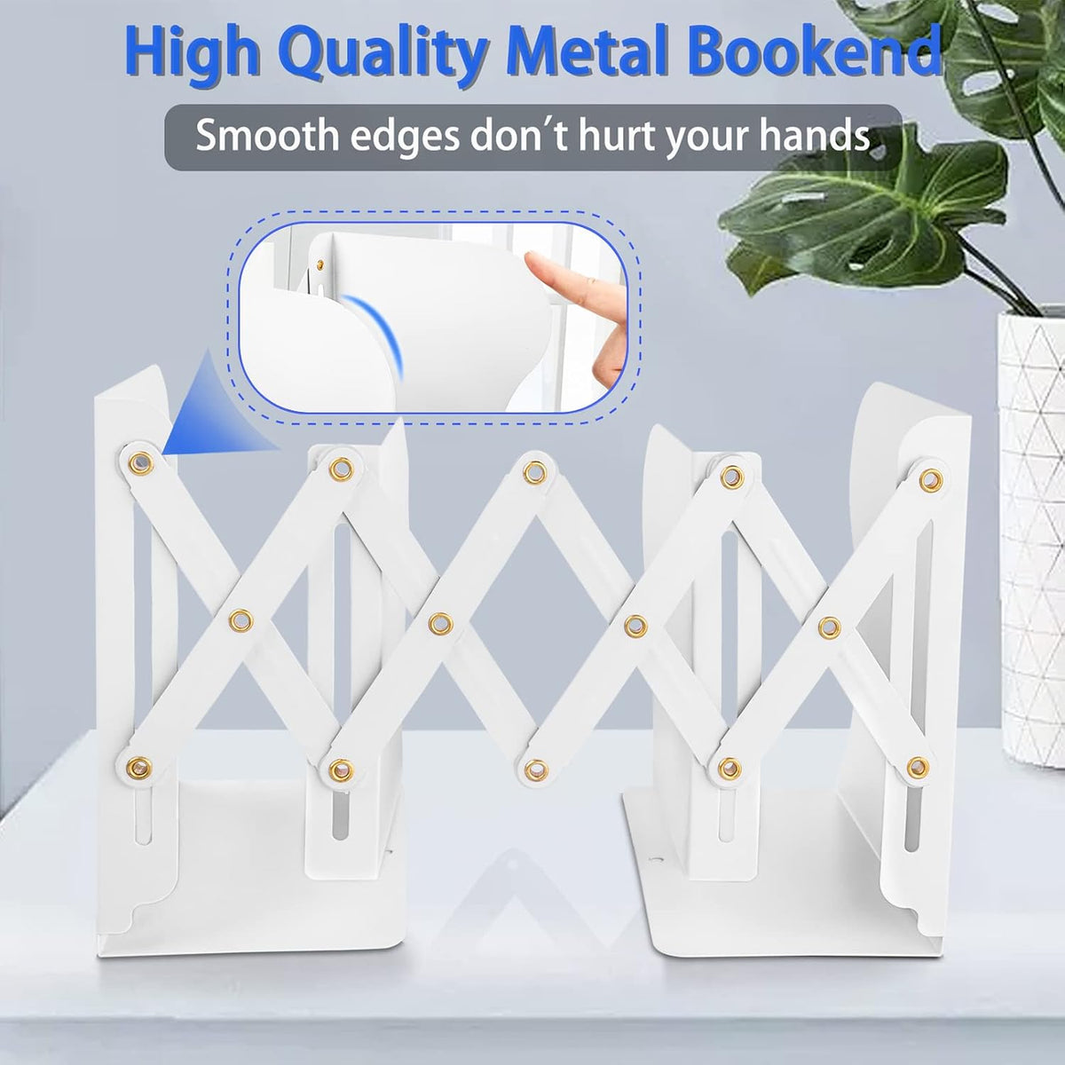 Non Skid Book Ends to Hold Books, Carooyac Heavy Duty Bookends Adjustable Book End, Metal Bookends for Shelves, White Book Holders Organizer for Bookshelf Desk - Extends up to 19"