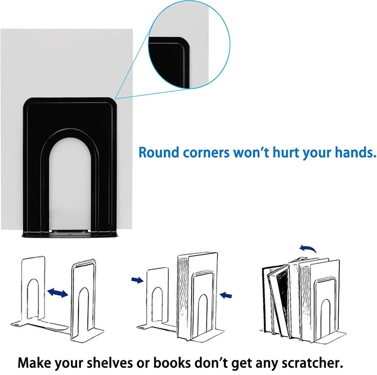 Metal Book Ends for Shelves, Book Shelf Holder Home Decorative, Book Ends for Heavy Books/Movies/CDs, Black 6.5 x 5 x 5.7 in, 4 Pair/ 8 Piece