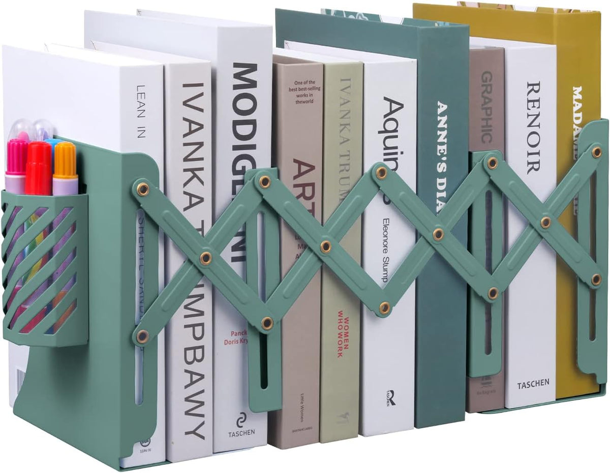 MSDADA Adjustable Bookends, Book Ends for Heavy Books, Expandable Book Organizer with Pen Holder for Desk, Shelf, Office,School, Thanksgiving for Students and Teachers(Green)