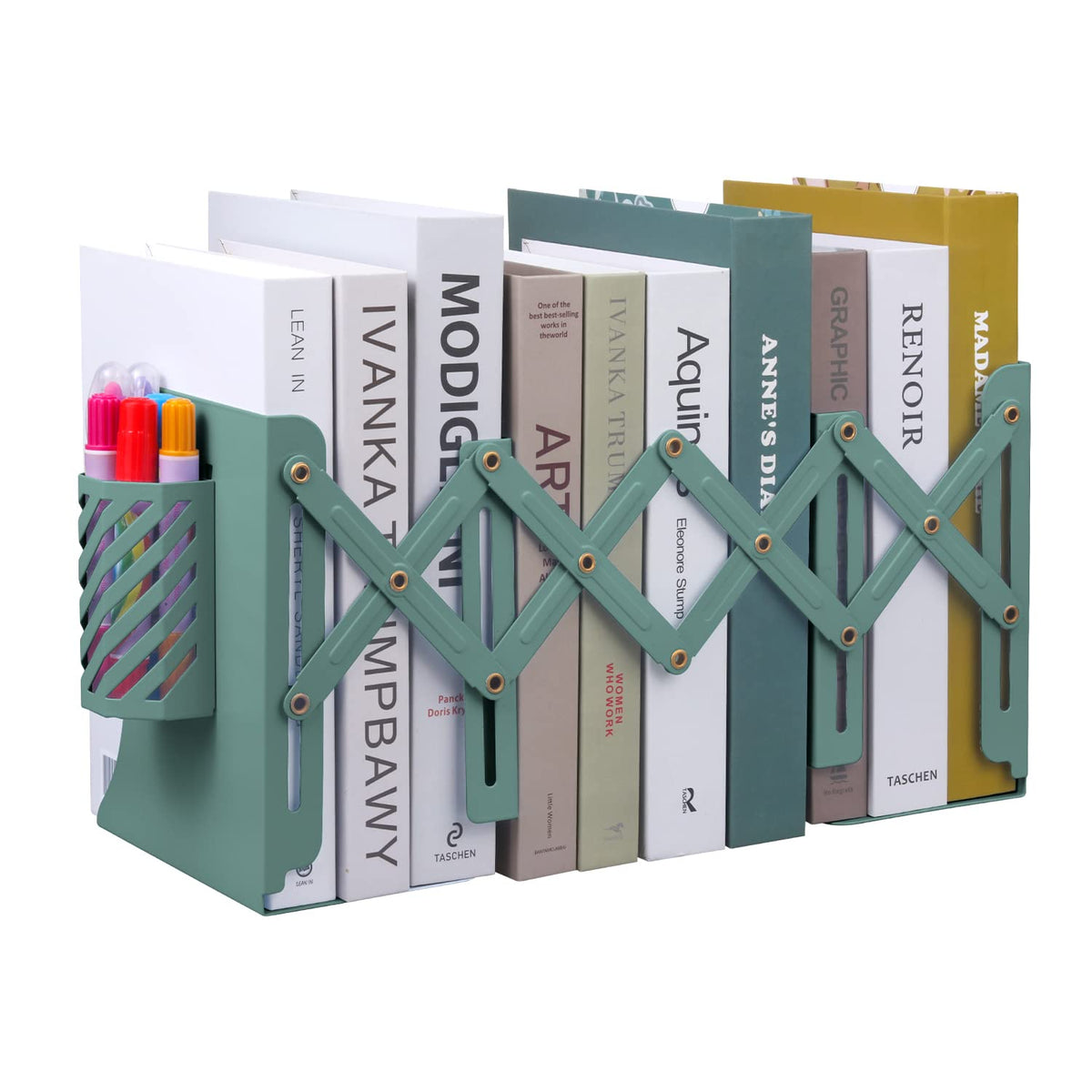 MSDADA Adjustable Bookends, Book Ends for Heavy Books, Expandable Book Organizer with Pen Holder for Desk, Shelf, Office,School, Thanksgiving for Students and Teachers(Green)