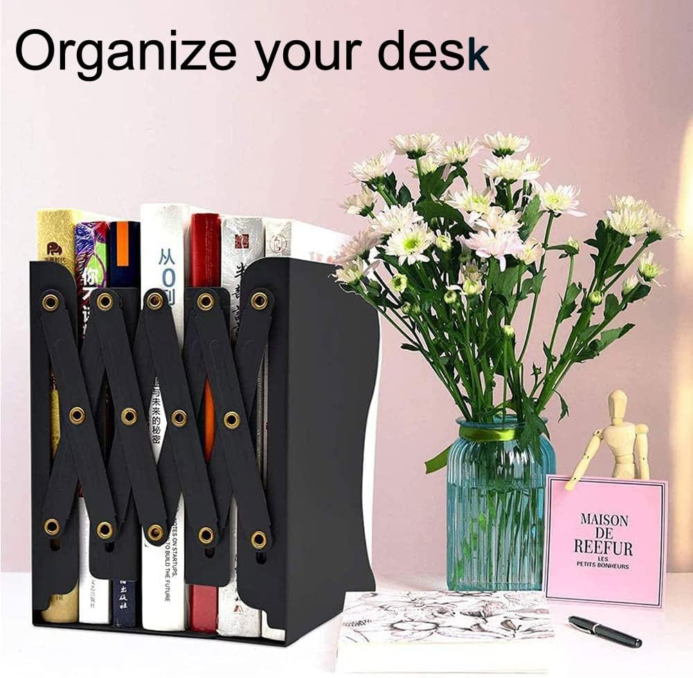 Metal Bookends for Heavy Books, Sturdy Book Stopper to Hold Books Heavy Duty, Adjustable Book Ends for Office & School (Black)