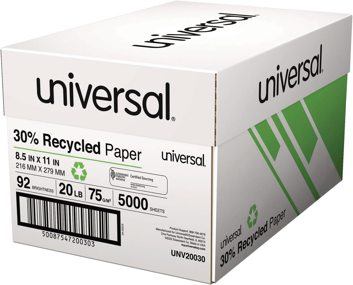 30% Recycled Copy Paper, 92 Brightness, 20lb, 8 1/2 x 11, White, 5000/Carton