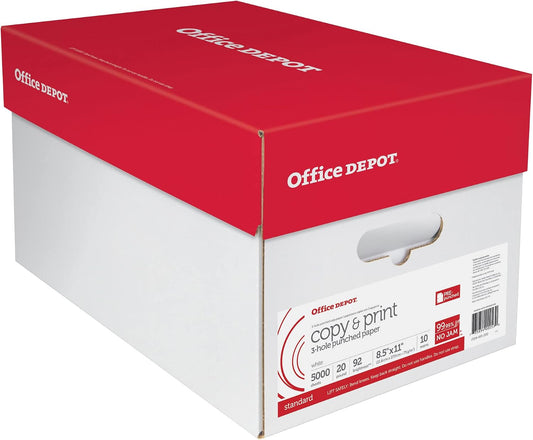 Office Depot® 3-Hole Punched Multi-Use Printer & Copy Paper, 10 Reams, White, Letter (8.5" x 11"), 5000 Sheets Per Case,