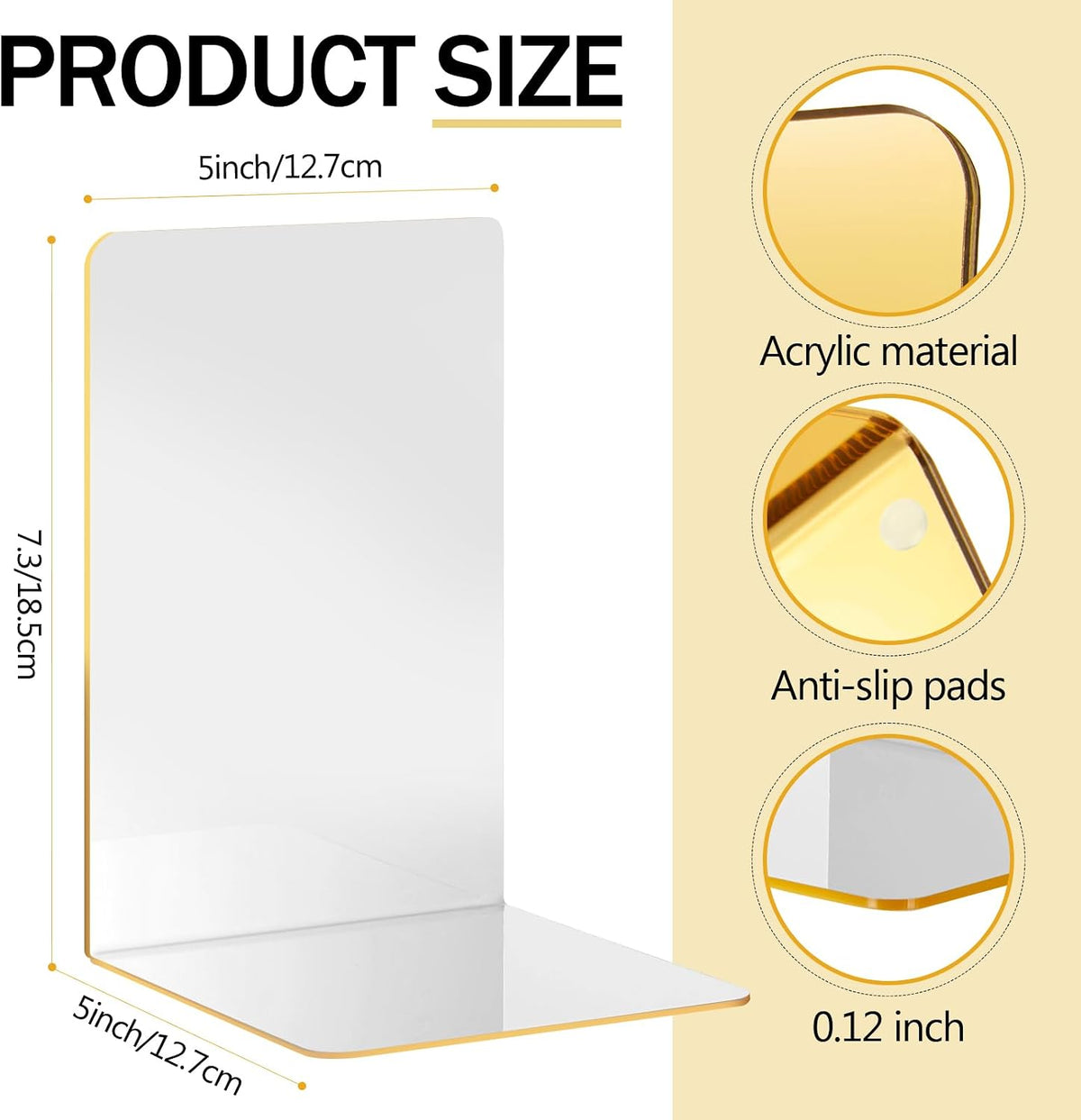 Feifeiya 24 Pcs Acrylic Bookends Gold Book Ends for Shelves, Gold Organizer with Silicone Non-Slip Mats, Book Holder Stand Decorative, Stoppers for Heavy Duty Books, Cd, File, Video Games