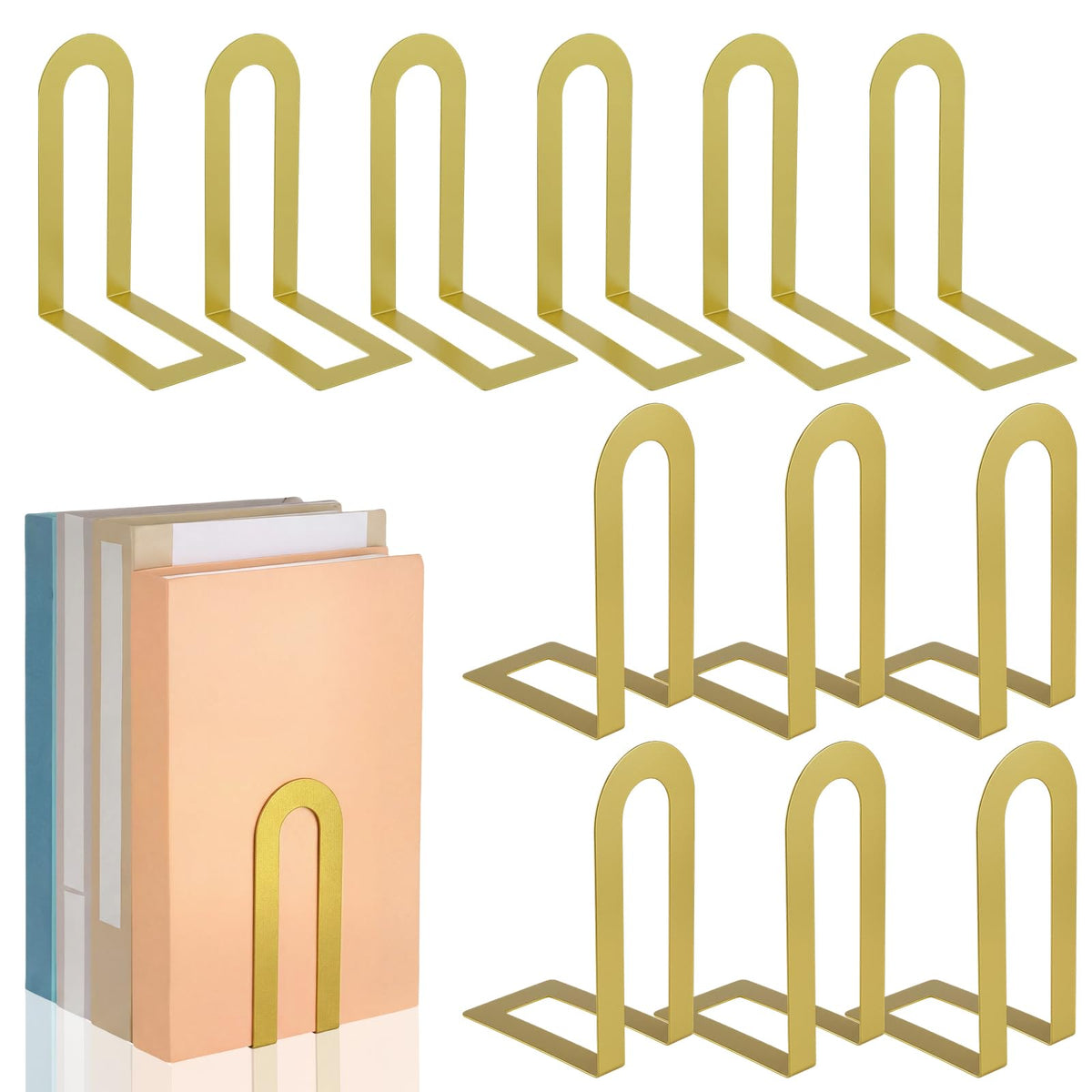 Chunful 12 Pcs Gold Metal BookEnds Shelves, 5.5 x 3.75 x 2.25 in