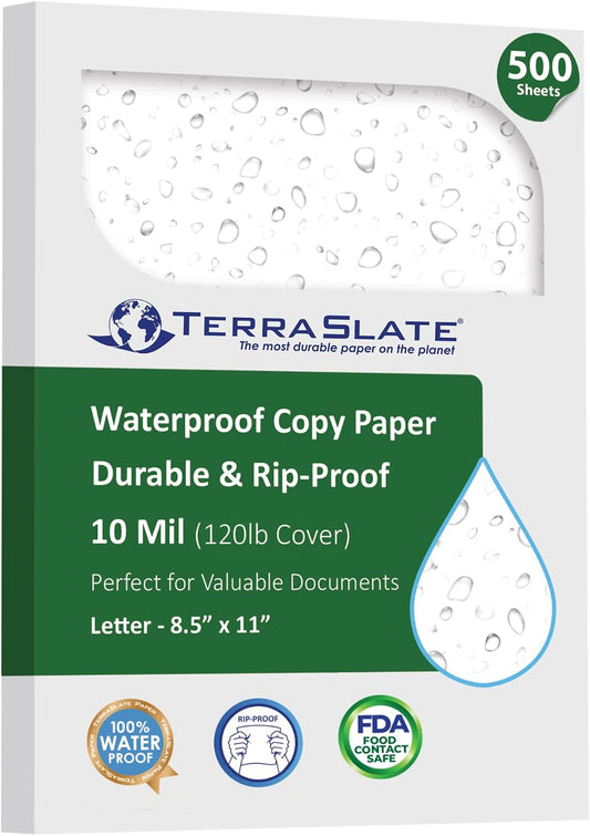 TerraSlate Waterproof Laser Printer Paper, 10 Mil 8.5" x 11", Bulk Copy Paper, White (500 Sheets)