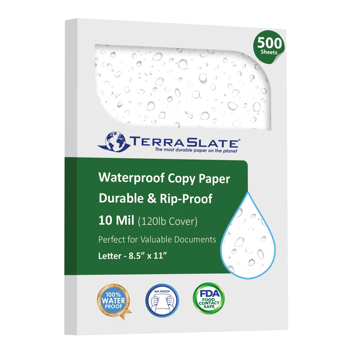 TerraSlate Waterproof Laser Printer Paper, 10 Mil 8.5" x 11", Bulk Copy Paper, White (500 Sheets)