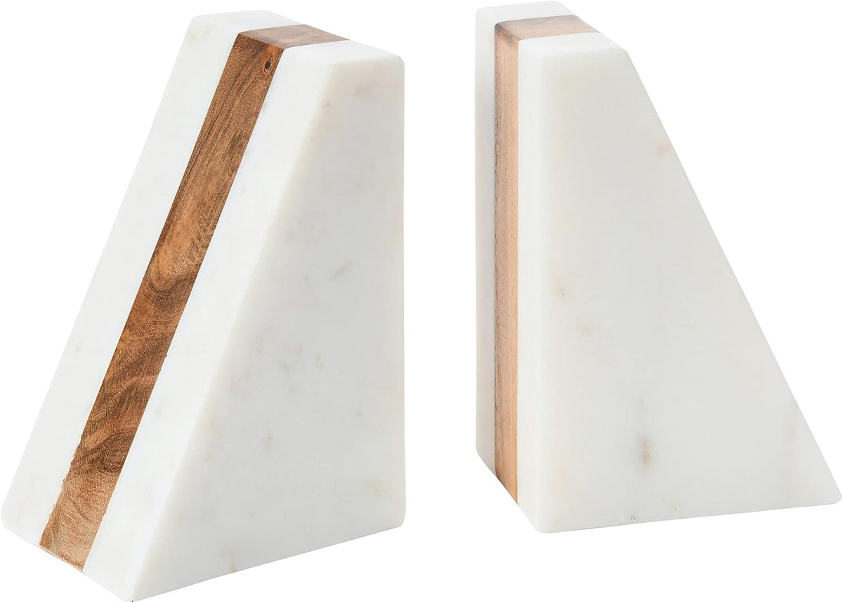 Main + Mesa Marble Geometric Bookends with Wood Inlay, White