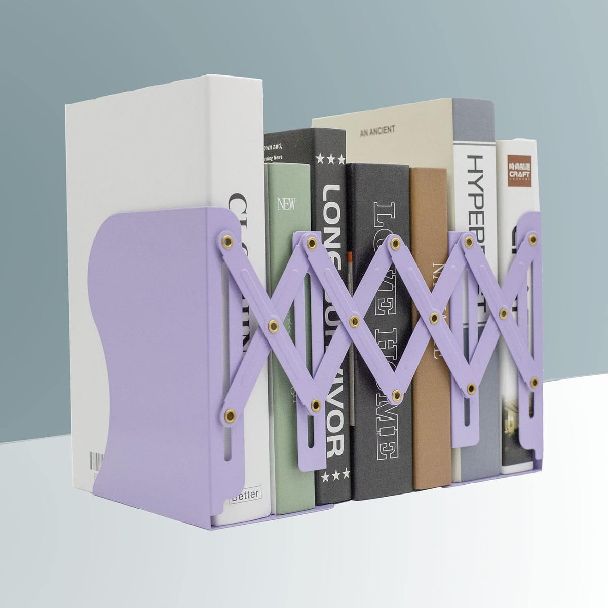 Adjustable Metal Bookends Heavy Duty for Shelves, 2 Dividers, Anti-Slip Design Expandable Book Ends for Desk, Office(Purple, 19 inches Max)