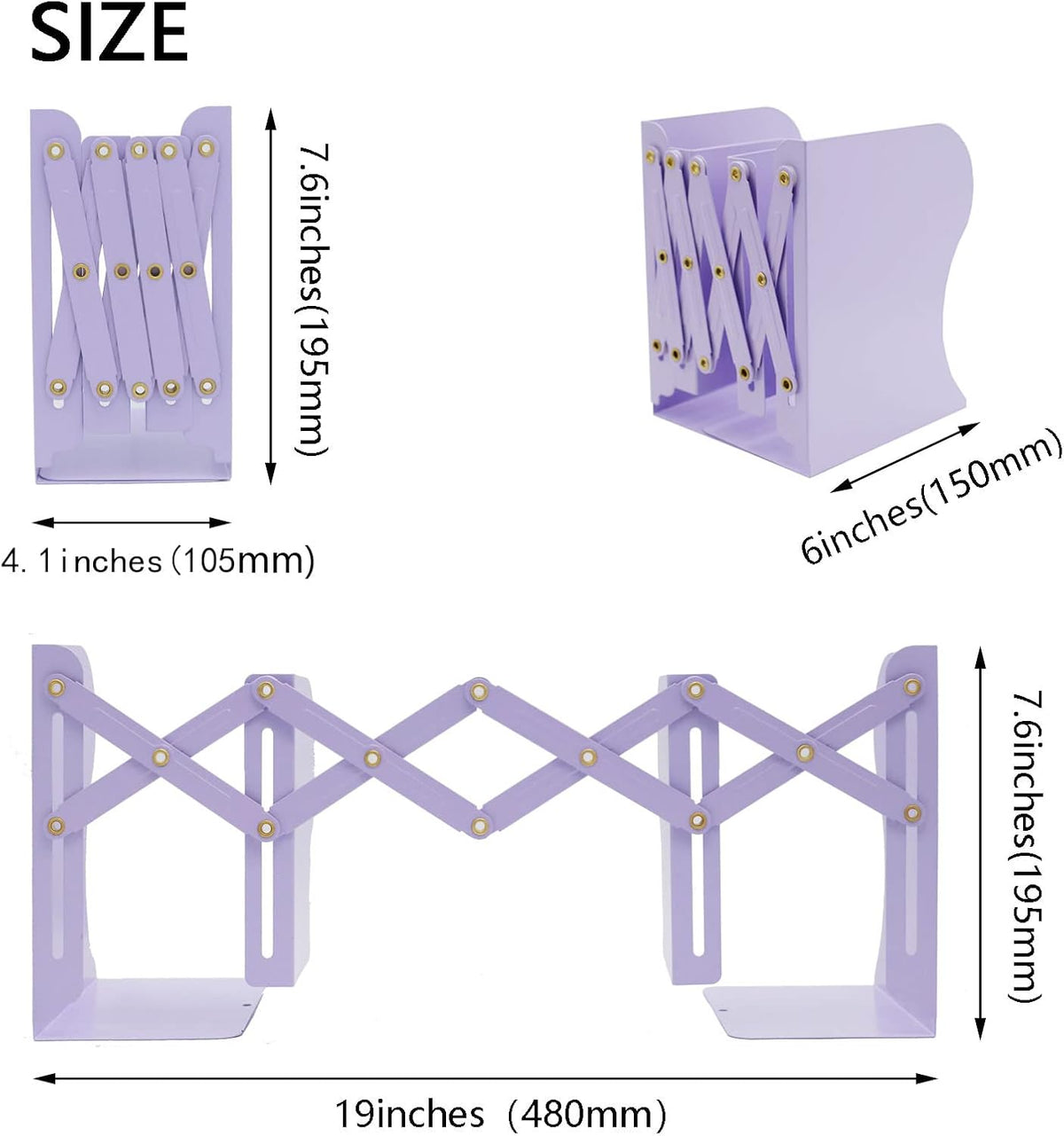 Adjustable Metal Bookends Heavy Duty for Shelves, 2 Dividers, Anti-Slip Design Expandable Book Ends for Desk, Office(Purple, 19 inches Max)
