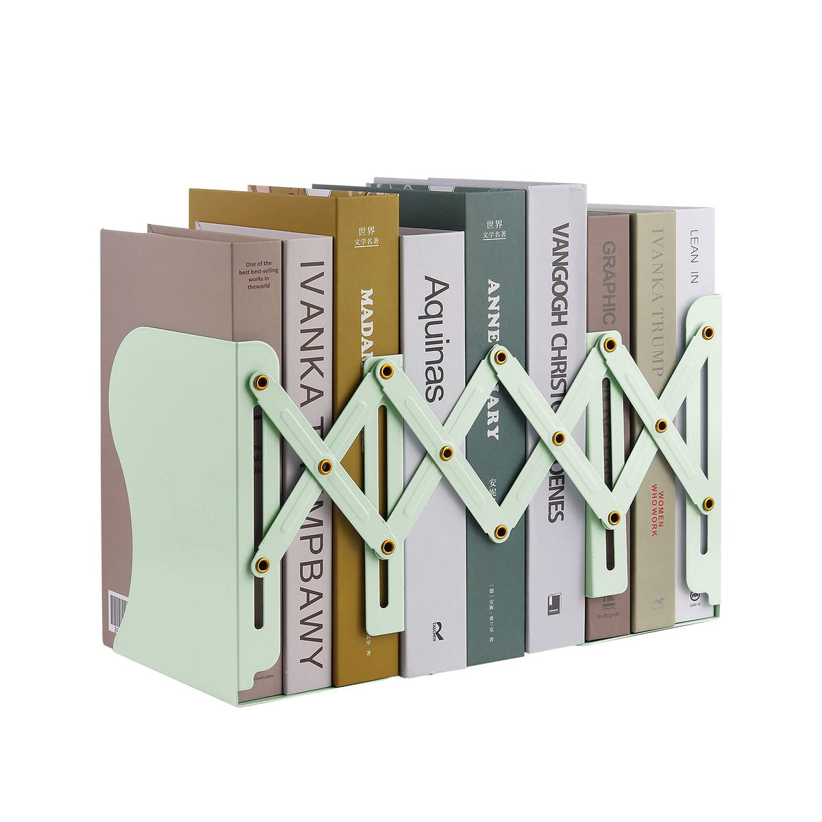 MSDADA Adjustable Bookends, Book Ends for Heavy Books, Expandable Book Organizer for Desk, Shelf, Office, School, for 6 7 8 9 10 11-15 Boys and Girls, Extends up to 19 inches (Light Green)