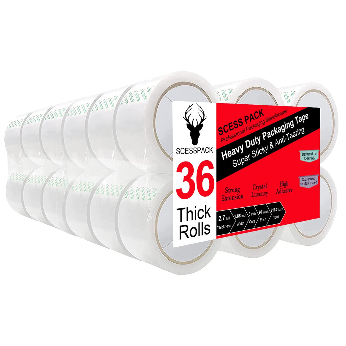 Clear Packing Tape 36 Rolls, Packing Tape Refills for Shipping Packaging Moving Sealing,1.88 Inch x 60 yd Per Roll,Total 2160 Yards (36 Rolls)