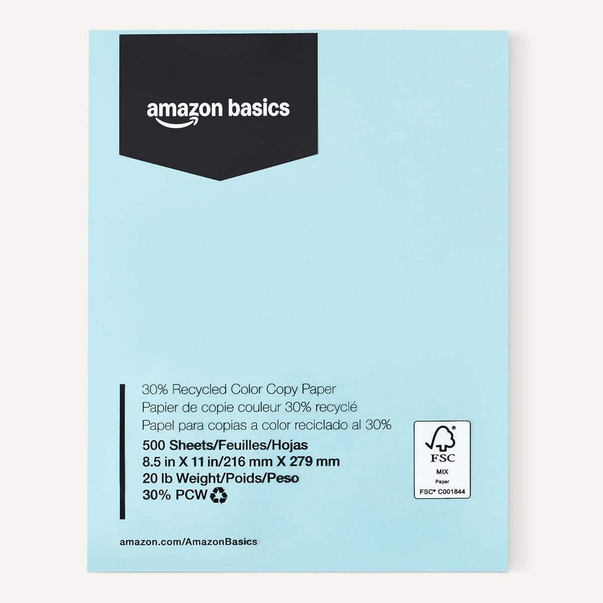 Amazon Basics 30% Recycled Color Copy Paper, 8.5" x 11", 20lb, Pastel Blue, 500 Sheets (Pack of 3)