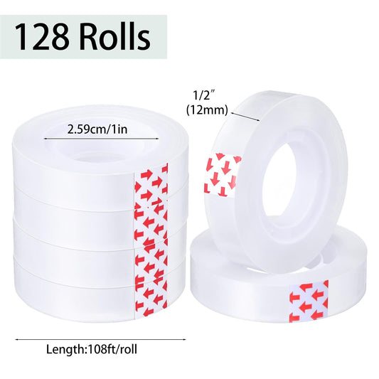 128pcs Transparent Tape Refills, 1/2 in x 108 ft Clear Tape Rolls