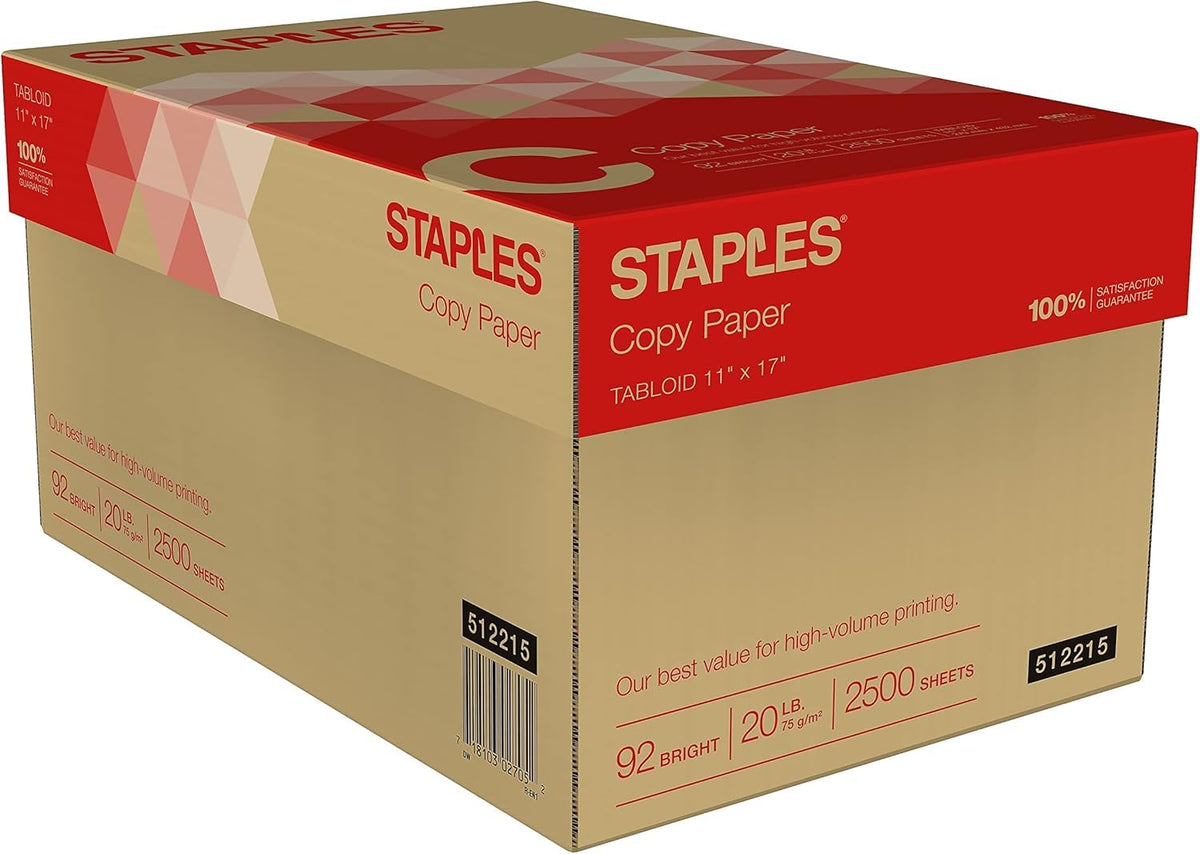 Staples Copy Paper, 11x17 Inch Ledger Size, 92 Brightness, 20 lb., 500/Ream