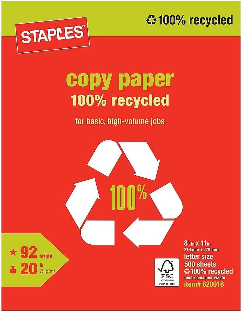 Staples 50% Recycled Multipurpose Paper, 8.5x11 Inch, 500/Ream