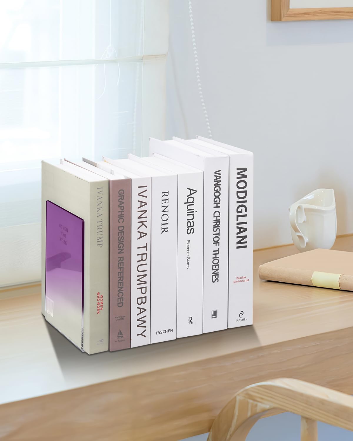 Honagu Book Ends, Acrylic Bookends, Clear Book Ends for Shelves, Desk Book Organizer, Book Holder Stand Decorative for Heavy Books, CDs, Video Games (3 Pair/6Pieces, Gradient Purple)