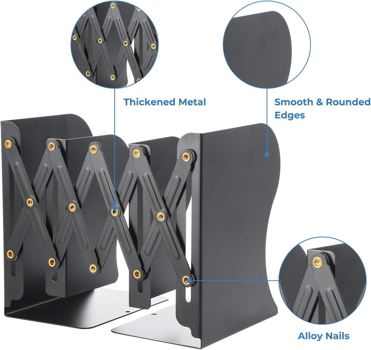 M&G Adjustable Bookends Book Ends for Shelves, Metal Bookend for Heavy Books, Desk Magazine File Organizer Holder Extends up to 20in, Book Stopper for Home, Office, Classroom (Black)