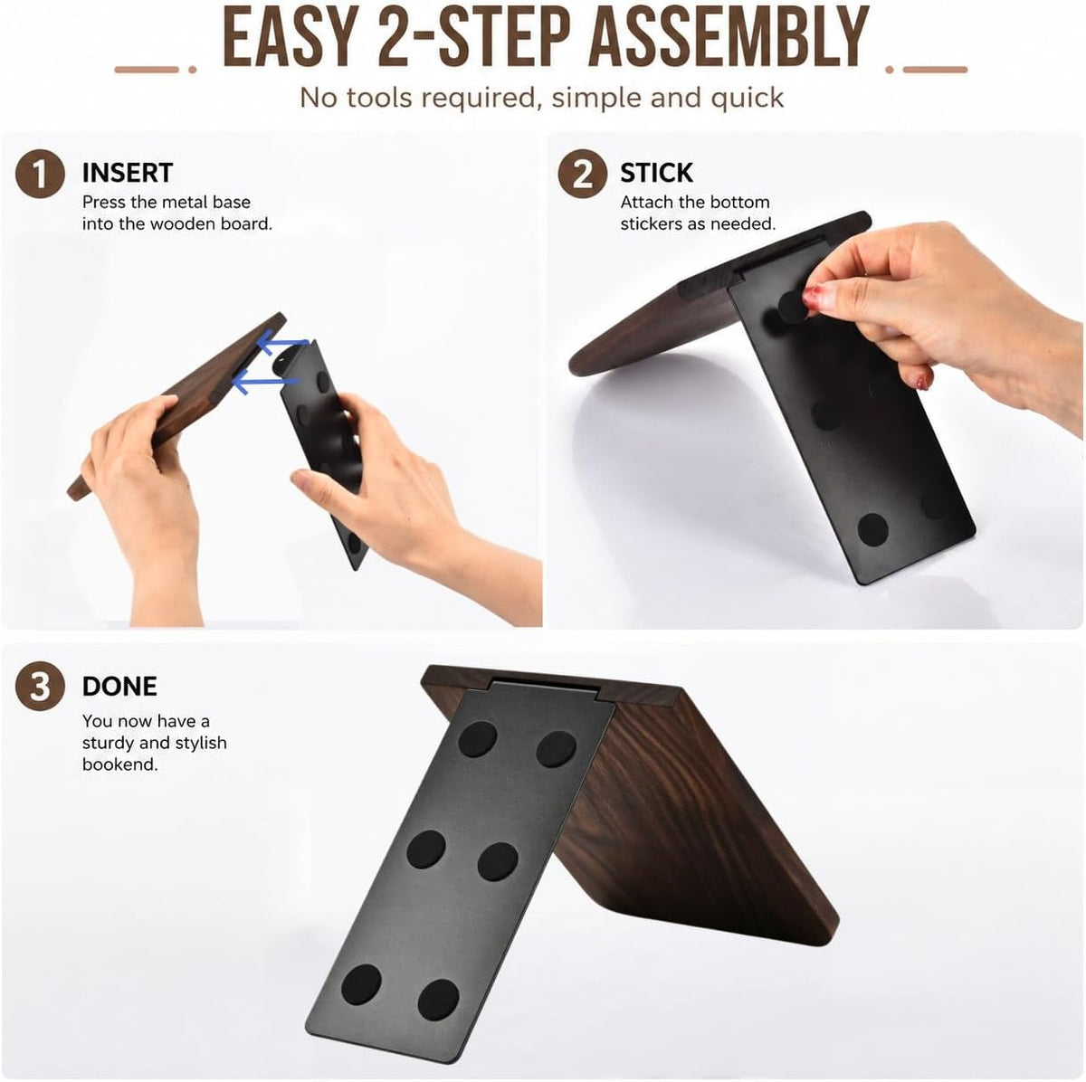 Book Ends, Black Walnut Wooden Bookends for Shelves - Heavy Duty Non-Slip Book Organizers, Upgraded Decorative Bookend Holders for Home, Kitchen, Office, Set of 2, Small