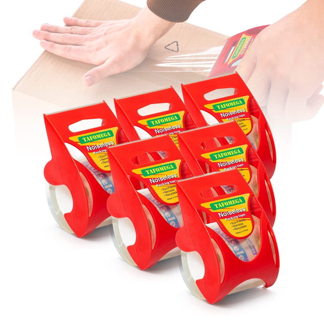 Packing Tape with Dispenser, 6 Packs Noiseless Clear Packaging Tape
