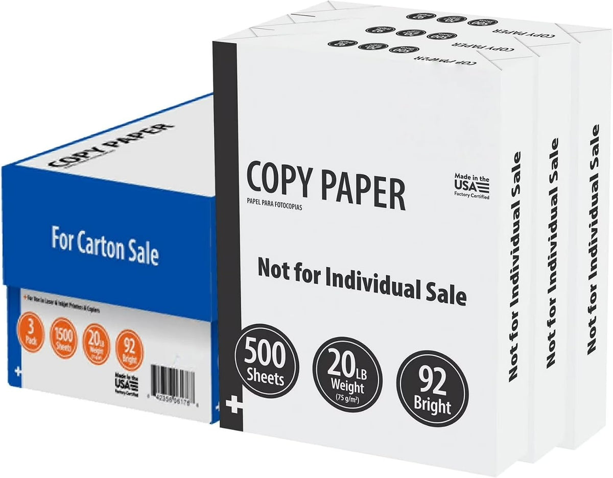 8.5x11 Printer Paper 3 Ream Case 20lb 92 Bright 1500 Sheets