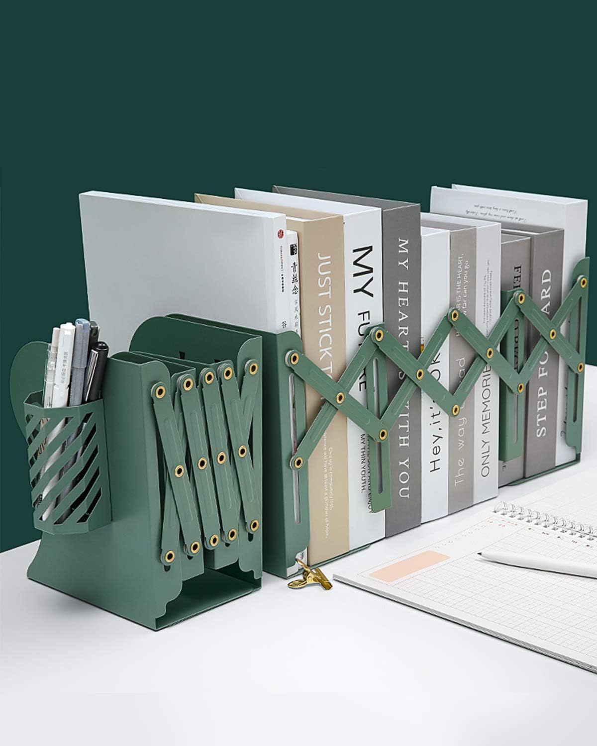 MSDADA Adjustable Bookends, Book Ends for Heavy Books, Expandable Book Organizer with Pen Holder for Desk, Shelf, Office,School, Thanksgiving for Students and Teachers(Green)
