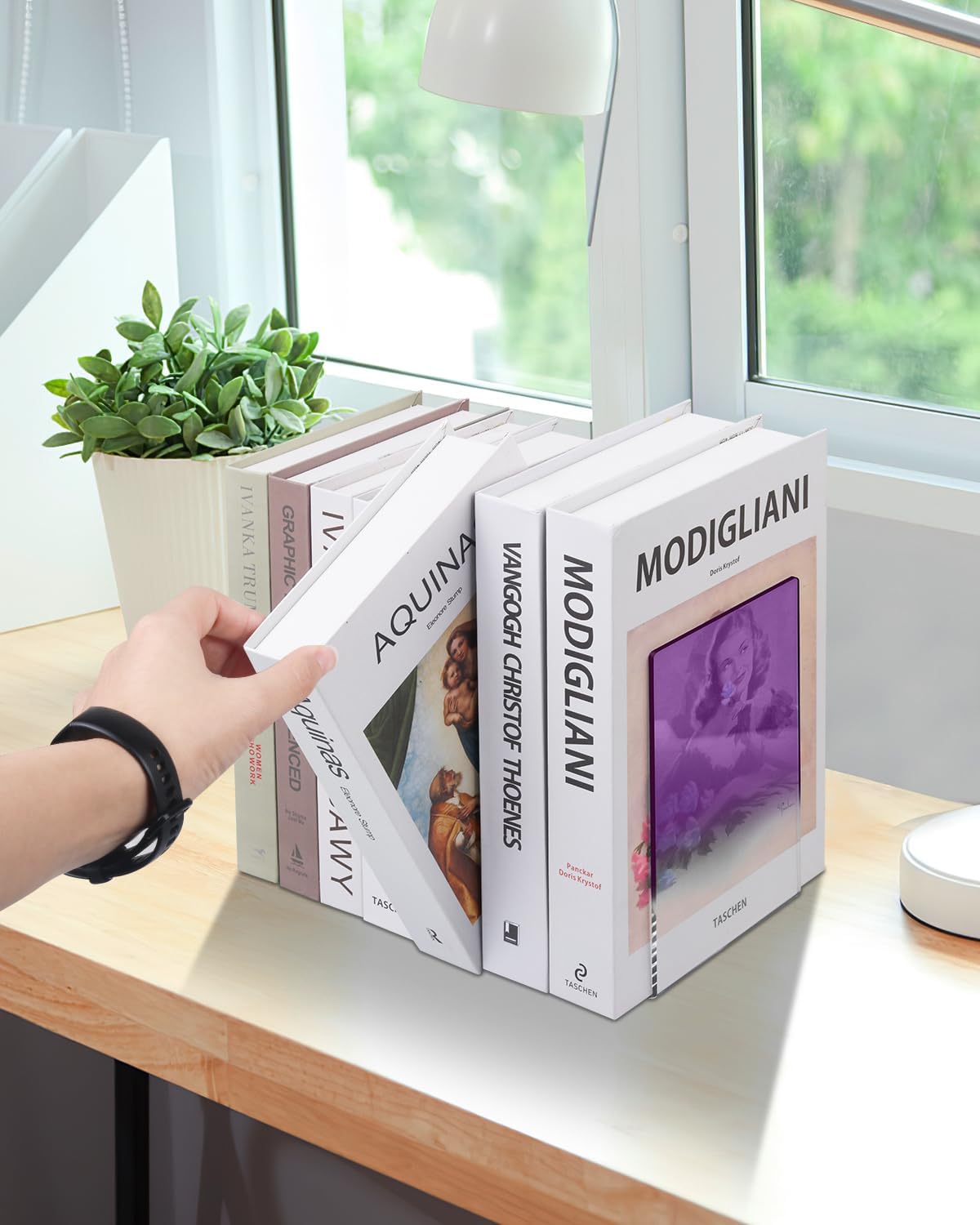 Honagu Book Ends, Acrylic Bookends, Clear Book Ends for Shelves, Desk Book Organizer, Book Holder Stand Decorative for Heavy Books, CDs, Video Games (3 Pair/6Pieces, Gradient Purple)