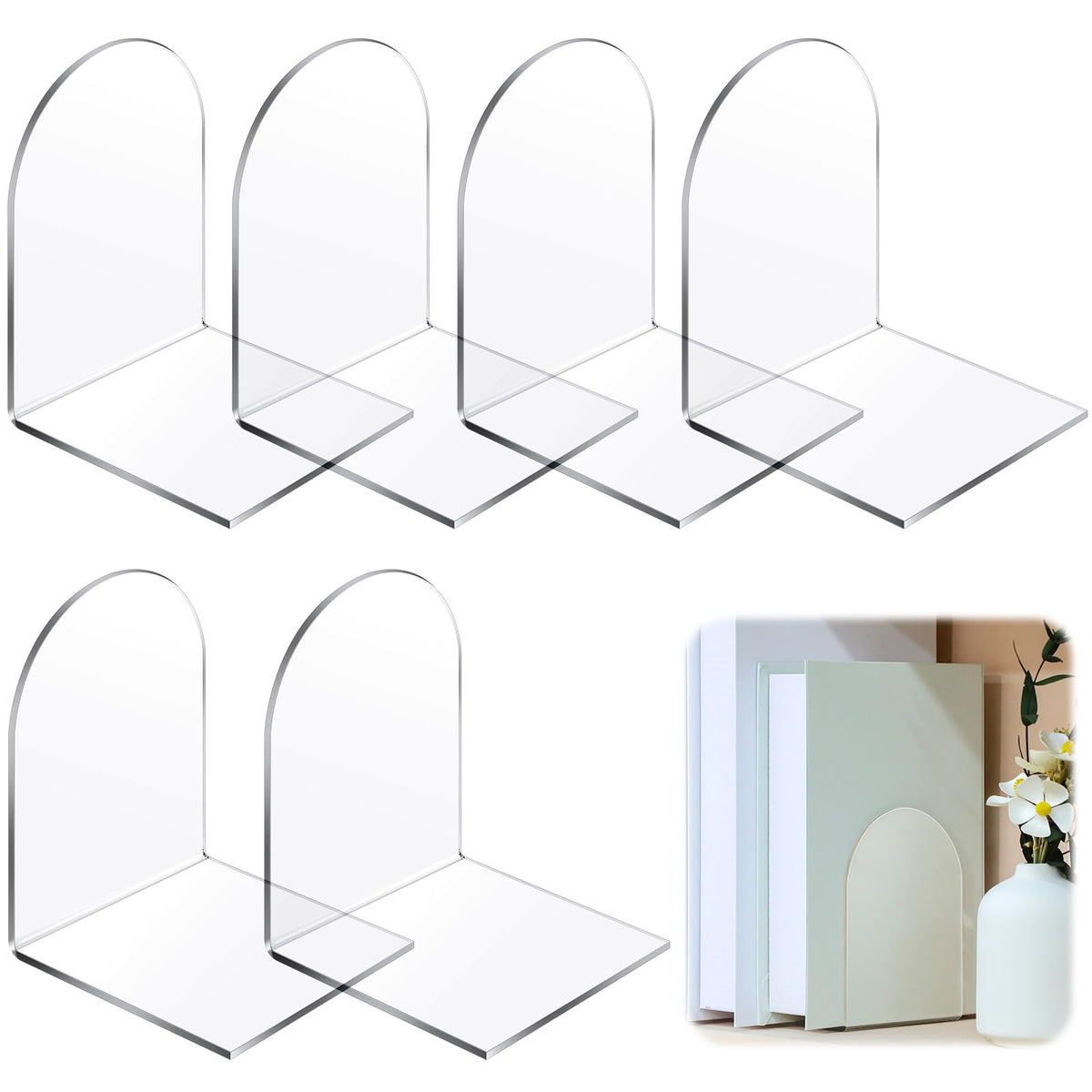 Leinuosen 16 Pcs Acrylic Clear Book Ends with Silicone Pad Non Skid Book Holders Arch Shape Heavy Duty Bookends Stoppers for Movies, CDs, Video Games (Clear)