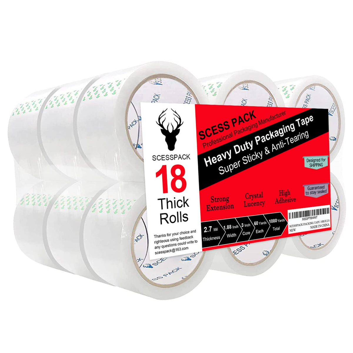 Clear Packing Tape 36 Rolls, Packing Tape Refills for Shipping Packaging Moving Sealing,1.88 Inch x 60 yd Per Roll,Total 2160 Yards (36 Rolls)