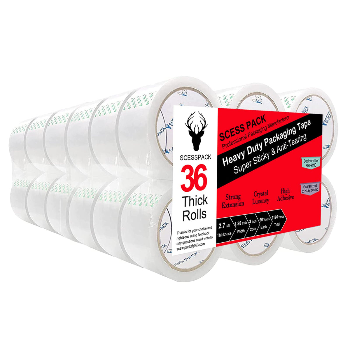 Clear Packing Tape 36 Rolls, Packing Tape Refills for Shipping Packaging Moving Sealing,1.88 Inch x 60 yd Per Roll,Total 2160 Yards (36 Rolls)