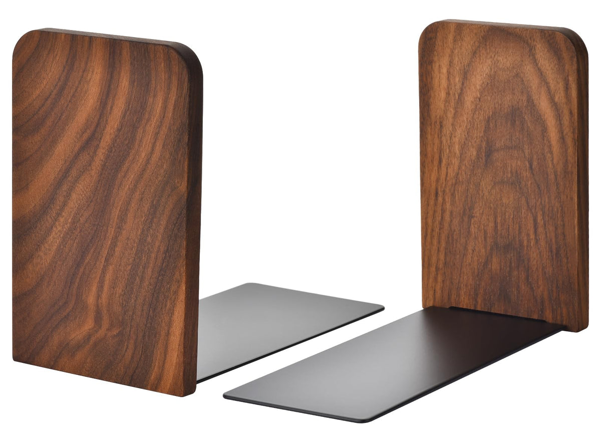 Book Ends, Black Walnut Wooden Bookends for Shelves - Heavy Duty Non-Slip Book Organizers, Upgraded Decorative Bookend Holders for Home, Kitchen, Office, Set of 2, Small